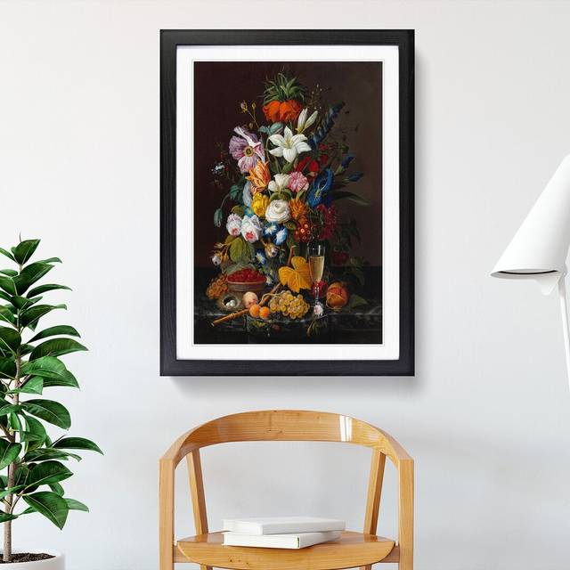Still Life with Flowers and Fruit Vol.10 by Severin Roesen - Picture Frame Painting - Black (65cm H x 48cm W x 2cm D)
