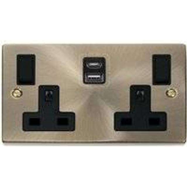 Se Home - Antique Brass 2 Gang 13A Type a & c usb Twin Double Switched Plug Socket - Black Trim