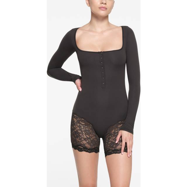 Skims Womens Onyx Fits Everybody Lace Square-neck Stretch-woven Onesie Xl - ONYX