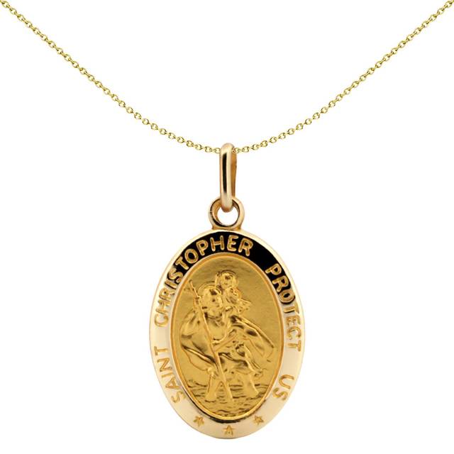 Jewelco London Solid 9ct Yellow Gold Matte Oval St Christopher Medallion Pendant - JPM010