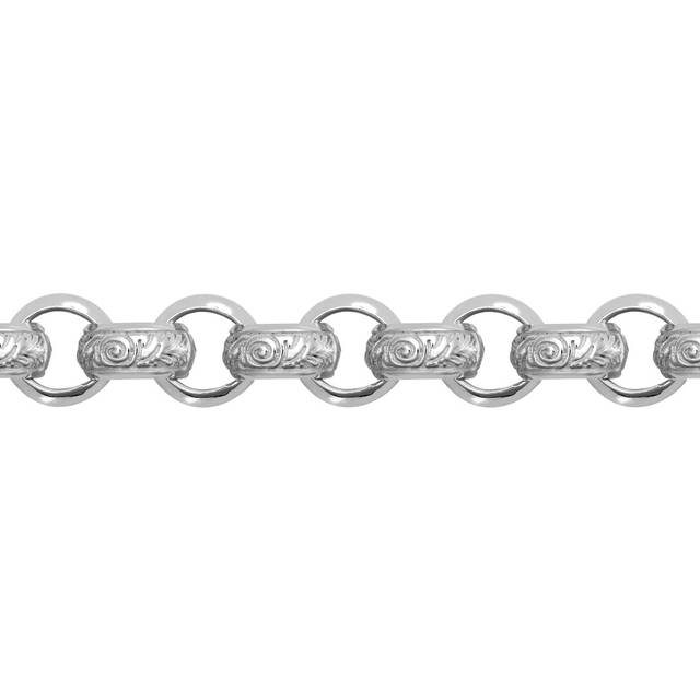 (22) Jewelco London Men's Rhodium Plated Sterling Silver D-Shape Carved Scroll Rococo Belcher 9mm Chain Necklace - ACN023A