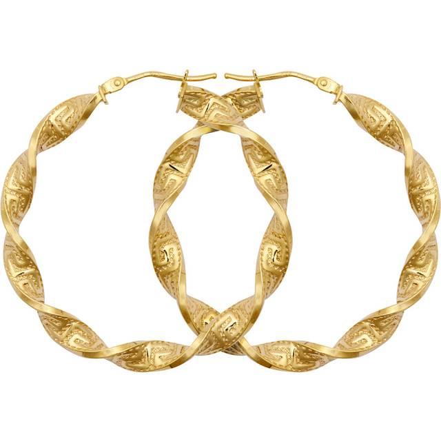 Jewelco London Ladies 9ct Yellow Gold Greek Key Ribbon Twist 4mm Hoop Earrings 37mm - JER787C