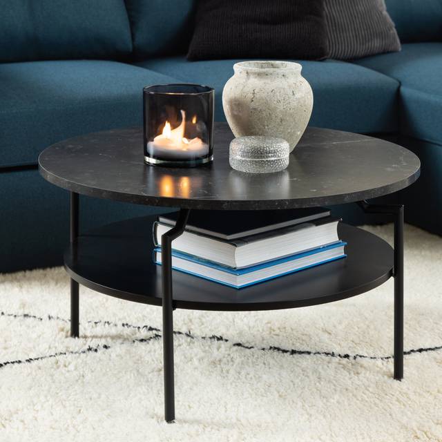 Round Coffee Table with Melamine Top & Black Legs - Black Marble (45cm H X 80cm W X 80cm D)