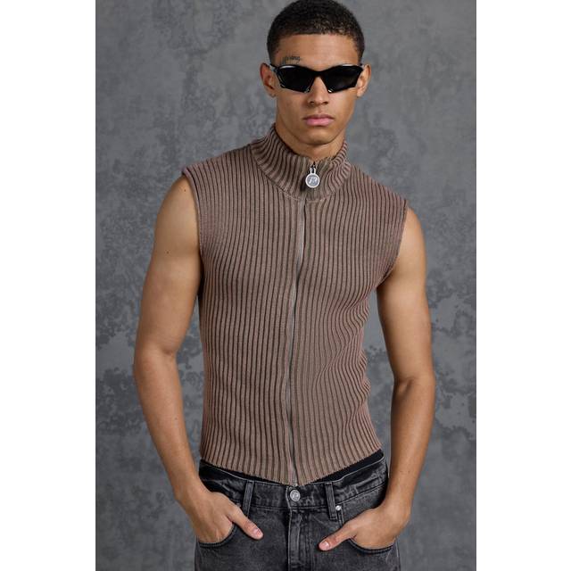 P-Star Muscle Fit Acid Wash Sleeveless Rib Knit Jumper - Beige - XL