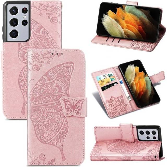 Samsung S21 Ultra Plånboksfodral PU-Läder 4-FACK Motiv Fjäril - Grå