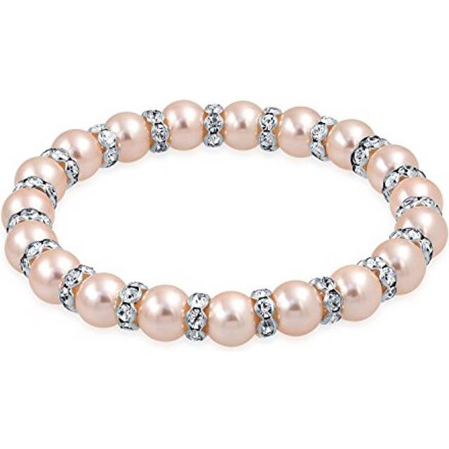 Bling Jewelry Light Pink Simulated Pearl Stackable Strand Stretch Bracelet For Women White Crystal Rondelle Spacer Silver Plated Brass