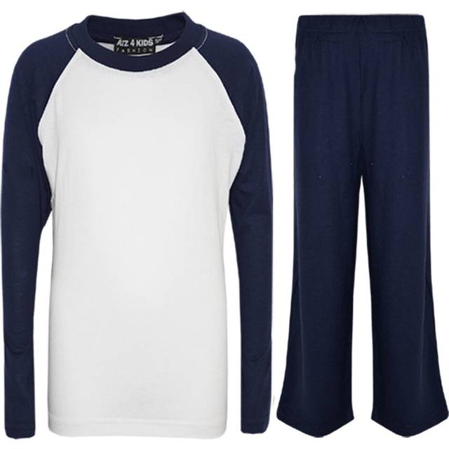 (2-3 Years) Kids Girls Boys Pyjamas Designer Plain Navy Contrast Sleeves Nightwear PJS 2-13Y
