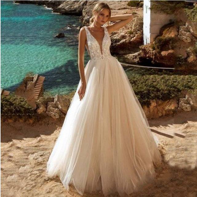 (White) Verngo A-line Wedding Dress Lace Appliques Boho Wedding Dress Backless Bride Dress 2020 Weeding Gowns vestidos de novia 2020
