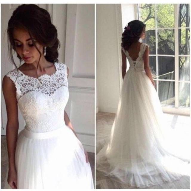 (Champagne) Solovedress A Line Lace Beach Wedding Dress 2019 Scoop Neck White Bridal Gown Tulle Skirt Chapel Train vestido de noiva SLD-228