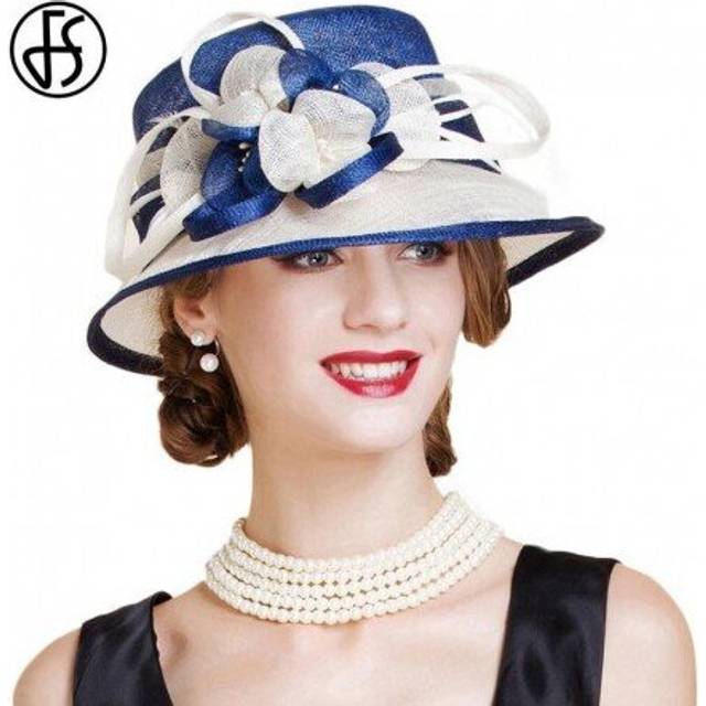 (Black White Fedora) FS British Blue White Sinamay Wedding Hat For Women Elegant Church Flower Wide Brim Fedoras 2019 Linen Kentucky Derby Hat Lady