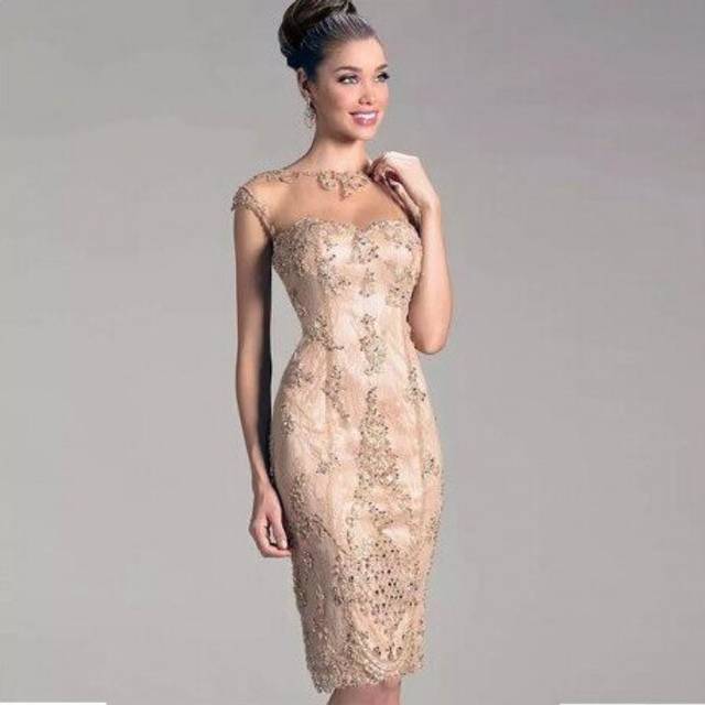 (Silver) Champagne 2019 Mother Of The Bride Dresses Sheath Lace Beaded Knee Length Short Wedding Party Dress Mother Dresses For Wedding