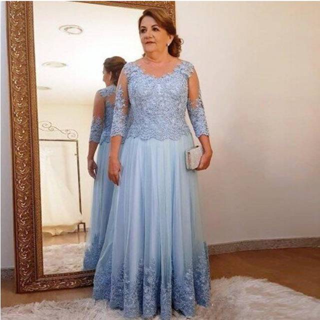 (Orange) Plus Size Mother Of The Bride Dresses A-line 3/4 Sleeves Tulle Appliques Beaded Groom Long Mother Dresses For Weddings