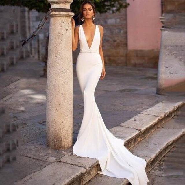 (Ivory) Smileven Mermaid Wedding Dress Spandex Sleeveless Sexy Deep V Neck Beach Bride Dresses Train Elegant Wedding Boho Bridal Gowns