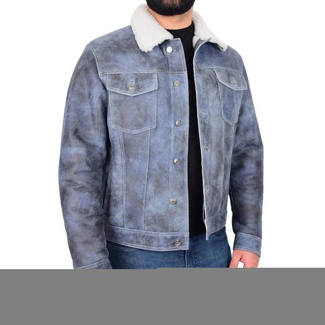 (L) Mens Real Sheepskin American Trucker Jacket Blue Fitted Merino Curly Shearling Rudy