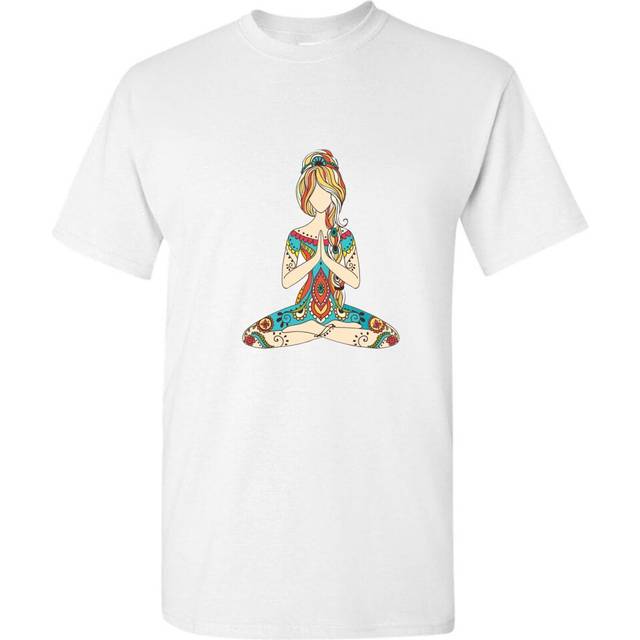 (2XL) Meditating Yoga Woman Girl Buddha Cartoon White Men T-Shirt Shirt Tee Top