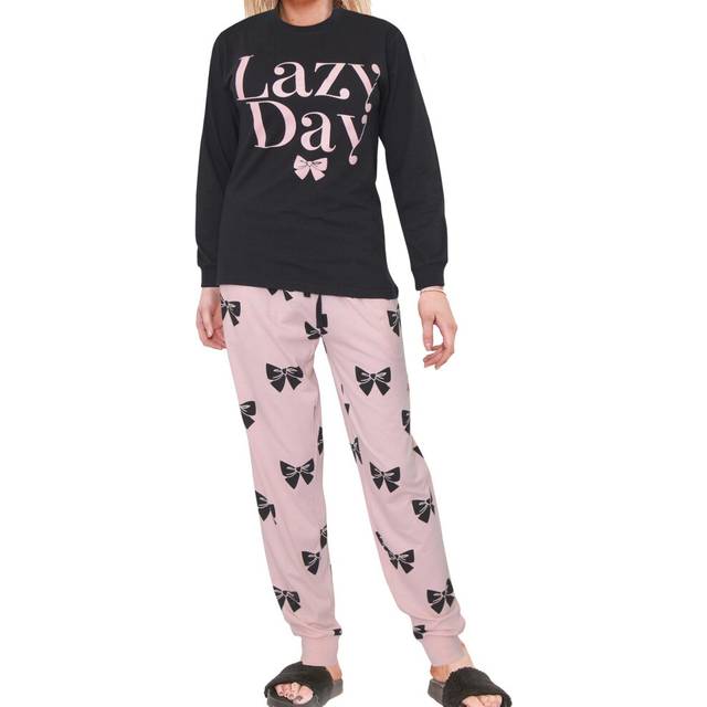 (L, Black) Ladies Cute Soft Cotton Pyjamas Top and Bottoms