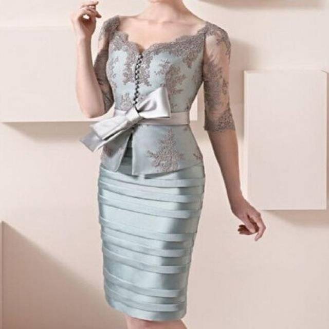 (Gray) Elegant 2019 Mother Of The Bride Dresses Sheath Half Sleeves Lace Bow Short Wedding Party Dress Mother Dresses For Wedding