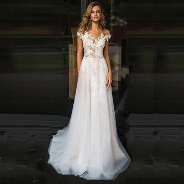 (White) LORIE Beach Wedding Dress Lace Scoop A-Line Appliques Tulle Long Princess Vintage Bridal Dress 2019 Custom Made Wedding Gown