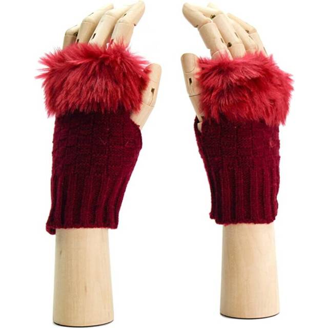 Knitted Fingerless Mitten Style Gloves With Faux Fur Trim - Burgundy