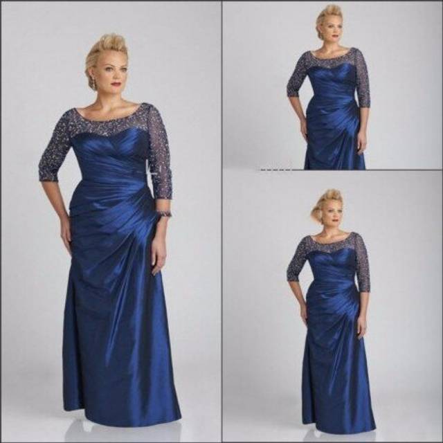 (khaki) Navy Blue 2019 Mother Of The Bride Dresses Mermaid 3/4 Sleeves Beaded Plus Size Formal Groom Long Mother Dresses For Wedding