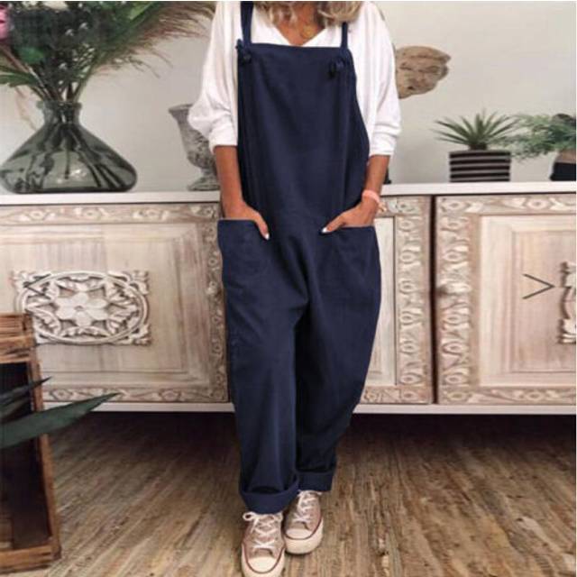 (Blue, L) Womens Sleeveless Solid Jumpsuit Dungaree Ladies Solid Loose Rompers Overalls