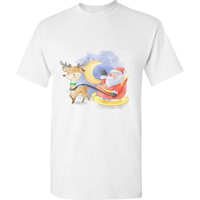 (2XL) Santa Claus Reindeer Sleigh Christmas Cartoon Art White Men T Shirt Tee Top