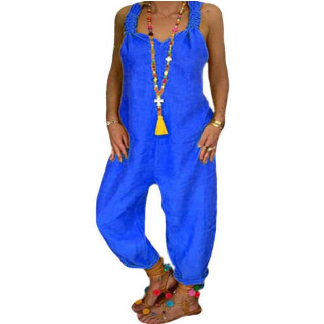 (Blue, 4XL) Fashion Ladies Casual Loose Jumpsuit Cotton Dungarees Trousers Overall Playsuit