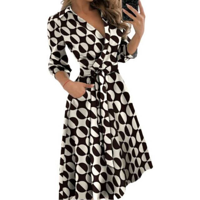 (Circles, L=UK SIZE 12) Womens Long Sleeve V Neck Midi Dress Ladies Lace Up Belted Solid Shirt Dresses