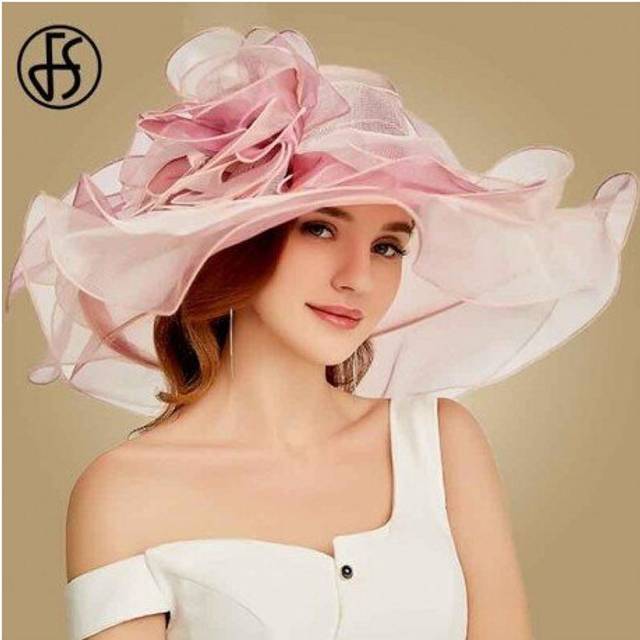 (56, Purple Sun Hat) FS 2019 Pink Kentucky Derby Hat For Women Organza Sun Hats Flowers Elegant Summer Large Wide Brim Ladies Wedding Church Fedoras
