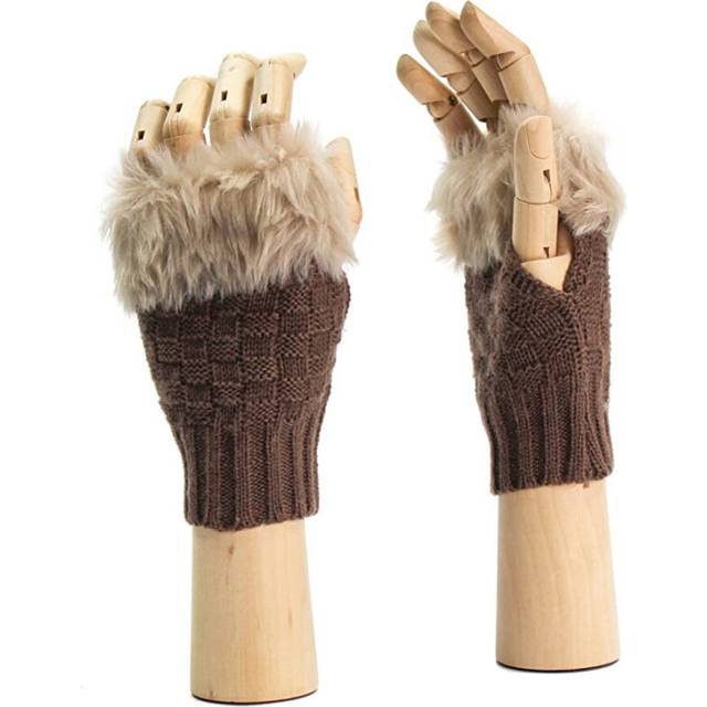 Knitted Fingerless Mitten Style Gloves With Faux Fur Trim - Brown