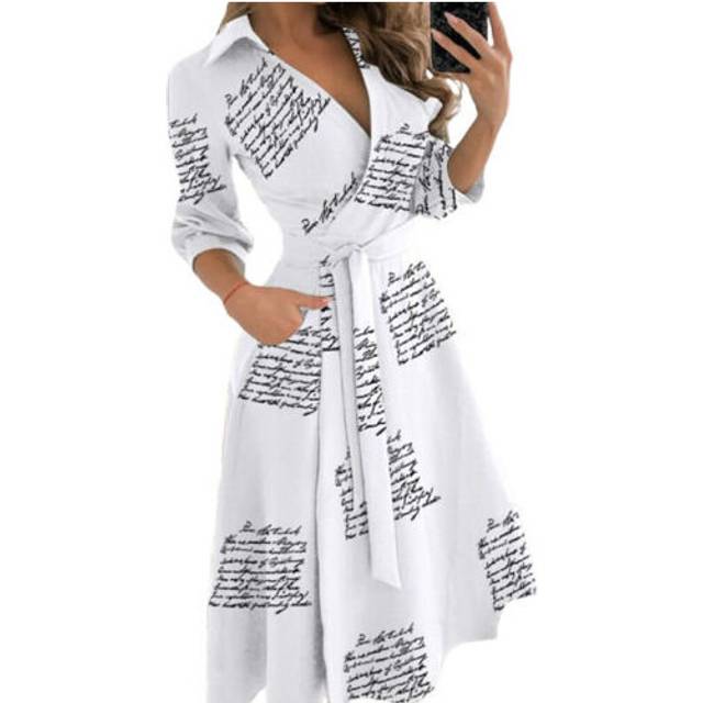 (Letters Print, S=UK SIZE 6) Womens Long Sleeve V Neck Midi Dress Ladies Lace Up Belted Solid Shirt Dresses