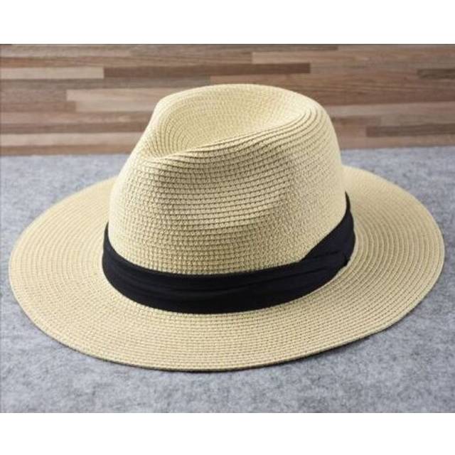 (M/55- 57cm, Beige) Women/Men Wide Brim Soft Shaped Panama Straw Hat Summer Beach Sun Cap Fedora Hat