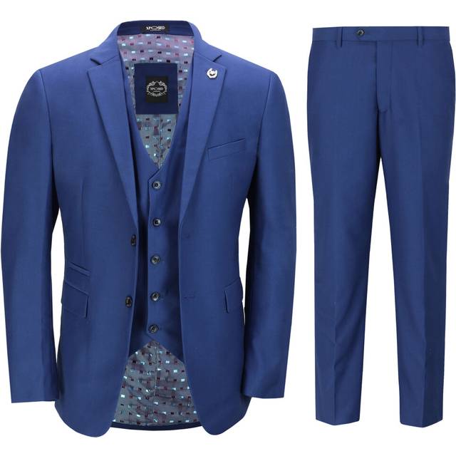 (50, Navy Blue) Mens 3 Piece Suit in Red Smart Formal Wedding Party Retro Tailored Fit Jacket