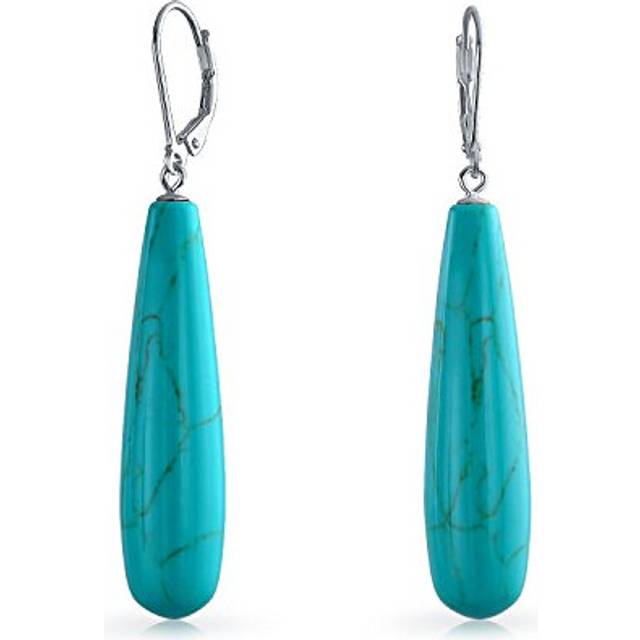 Simple Gemstone Blue Turquoise Elongated Teardrop Lever Back Dangle Earrings Western Jewelry For Women .925 Sterling Silver