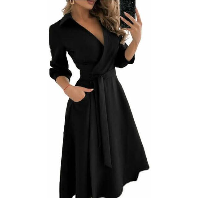 (Black, XL=UK SIZE14) Womens Long Sleeve V Neck Midi Dress Ladies Lace Up Belted Solid Shirt Dresses