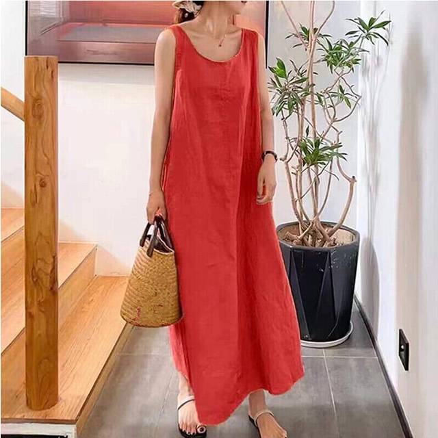 (Red, Tag Size 3XL =UK Size 20) Womens Plain Cotton Linen Sleeveless Dress Ladies Casual Crew Neck Maxi Sundress