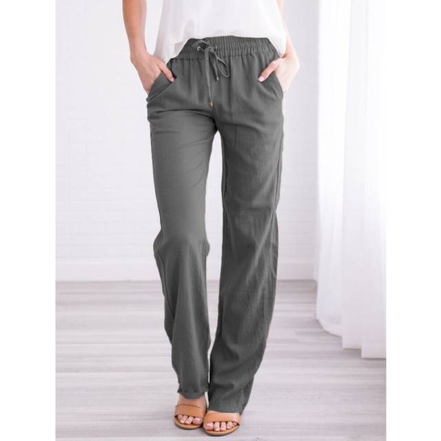 (Dark Grey, M=UK 12) Women Cotton Linen Plain Trousers Pants Ladies Elastic Waist Bottoms Trousers
