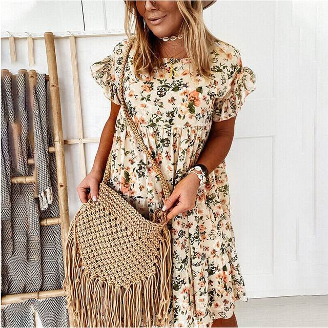(Apricot, XL =UK/AU SIZE 14) Womens Short Sleeve Floral Midi Dress Ladies Loose Bohemian Ruffle Swing Dresses