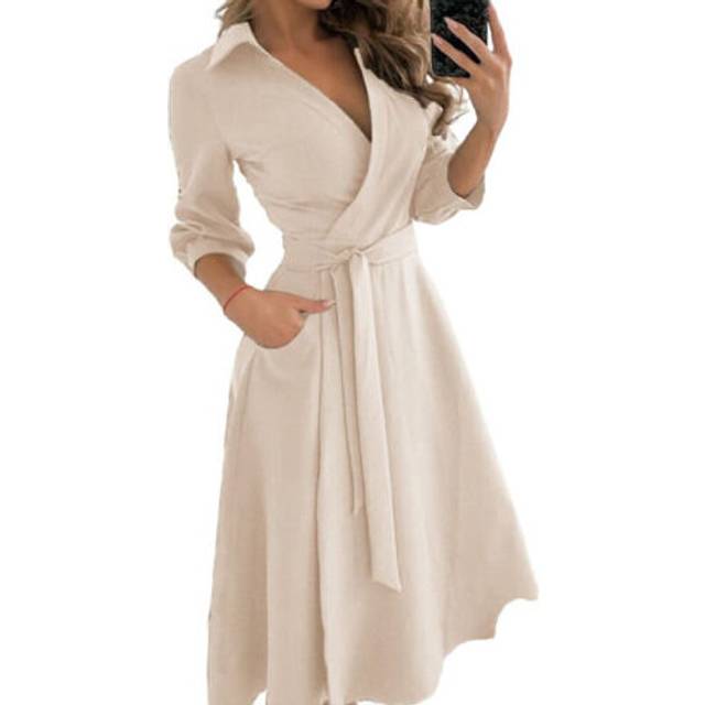 (Khaki, XXL=UK SIZE 16) Womens Long Sleeve V Neck Midi Dress Ladies Lace Up Belted Solid Shirt Dresses