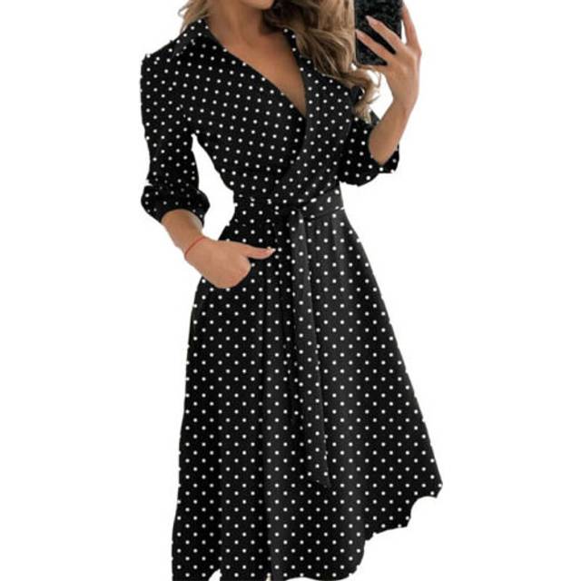 (Polka Dot, L=UK SIZE 12) Womens Long Sleeve V Neck Midi Dress Ladies Lace Up Belted Solid Shirt Dresses