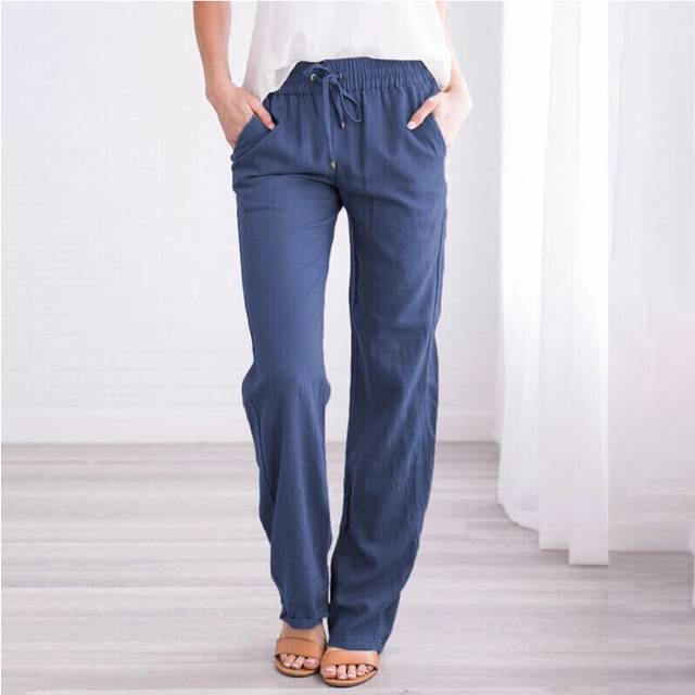 (Blue, 3XL=UK 20) Women Cotton Linen Plain Trousers Pants Ladies Elastic Waist Bottoms Trousers