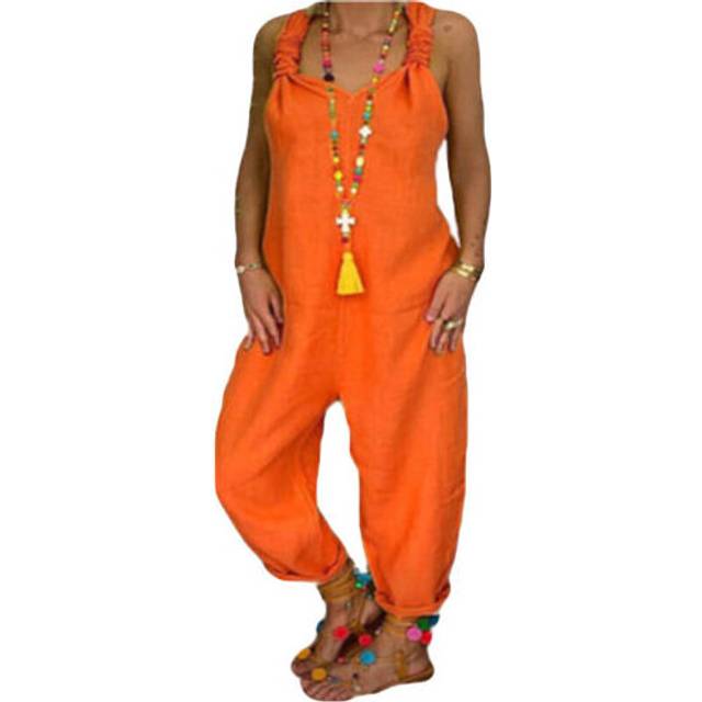 (Orange, 2XL) Fashion Ladies Casual Loose Jumpsuit Cotton Dungarees Trousers Overall Playsuit