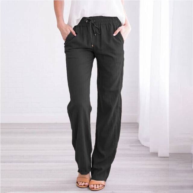 (Black, 3XL=UK 20) Women Cotton Linen Plain Trousers Pants Ladies Elastic Waist Bottoms Trousers