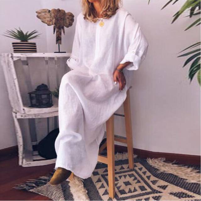 (White, Tag Size 2XL=UK Size 18) Women Cotton Linen Long Sleeve Maxi Dress Ladies Pocket Solid Baggy Kaftan Dress