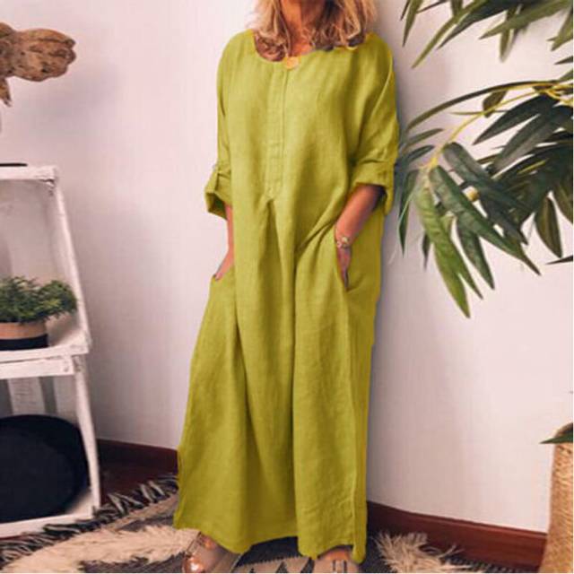 (Yellow, Tag Size XL=UK Size 16) Women Cotton Linen Long Sleeve Maxi Dress Ladies Pocket Solid Baggy Kaftan Dress