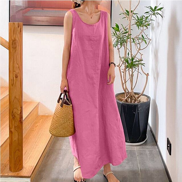 (Pink, Tag Size 3XL =UK Size 20) Womens Plain Cotton Linen Sleeveless Dress Ladies Casual Crew Neck Maxi Sundress