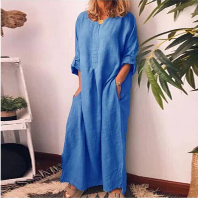 (Blue, Tag Size 2XL=UK Size 18) Women Cotton Linen Long Sleeve Maxi Dress Ladies Pocket Solid Baggy Kaftan Dress