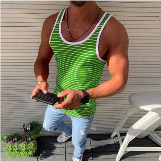(Green, XL) Plus Size Mens Summer Striped Tank Top Gym Running Muscle Sleeveless Vest Shirt