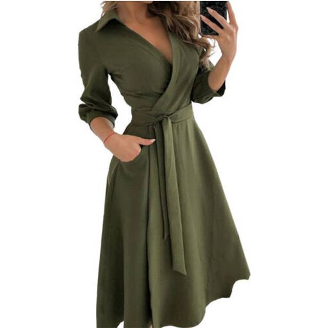 (Army Green, XL=UK SIZE14) Womens Long Sleeve V Neck Midi Dress Ladies Lace Up Belted Solid Shirt Dresses