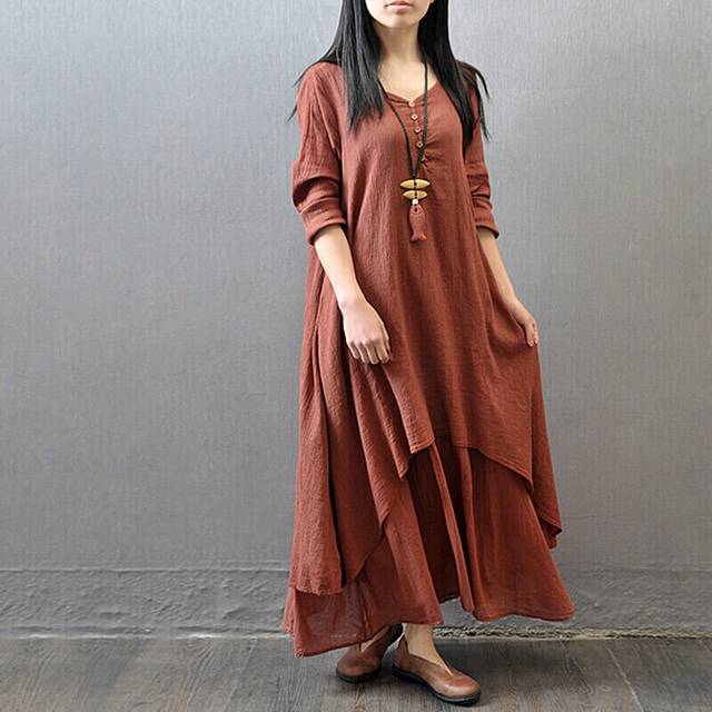 (Brick Red, L =UK SIZE 12) Women Solid Casual Kaftan Gypsy Maxi Dress Ladies Cotton Linen Long Sleeve Dress